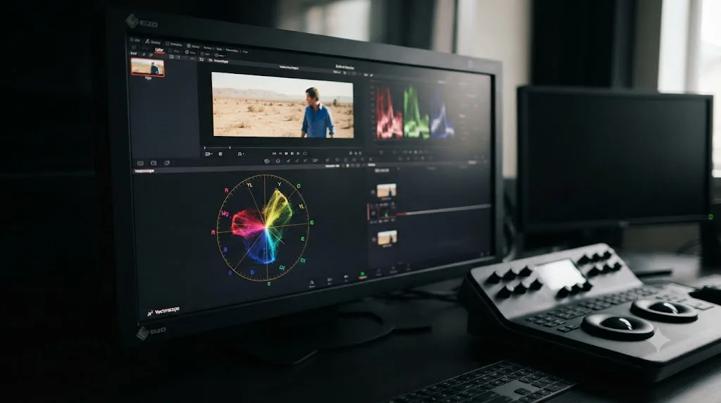 Illustration of the vectorscope scope with hue and saturation targets in DaVinci Resolve