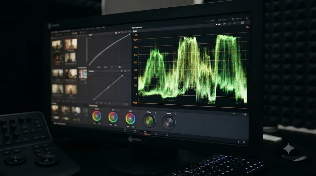 Illustration of a balanced waveform scope reading in DaVinci Resolve