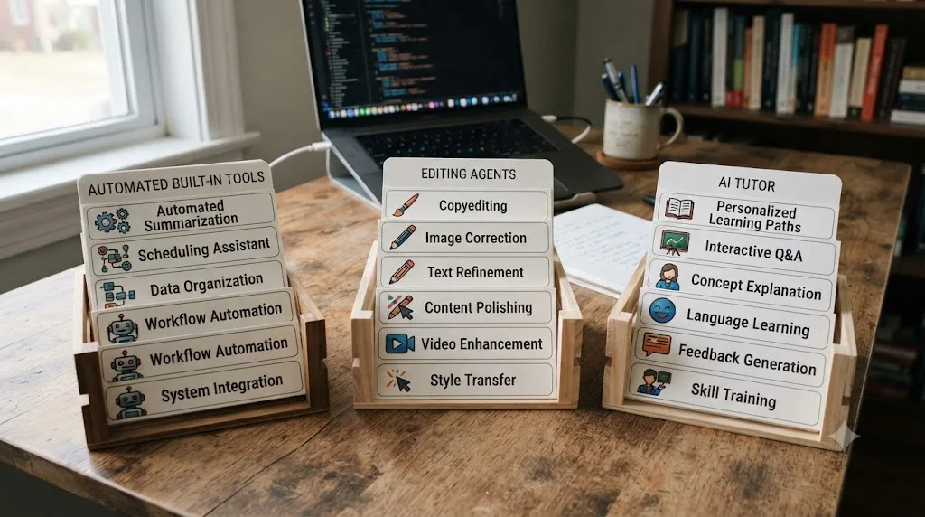 Illustration of AI tool category labels being sorted correctly into automated built-in tools, editing agents, and an AI tutor