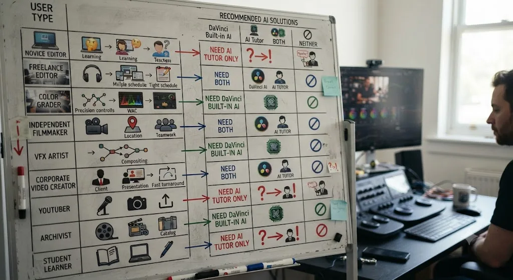 Illustration of a decision chart matching DaVinci Resolve user types to whether they need built-in AI tools, an AI tutor, both, or neither