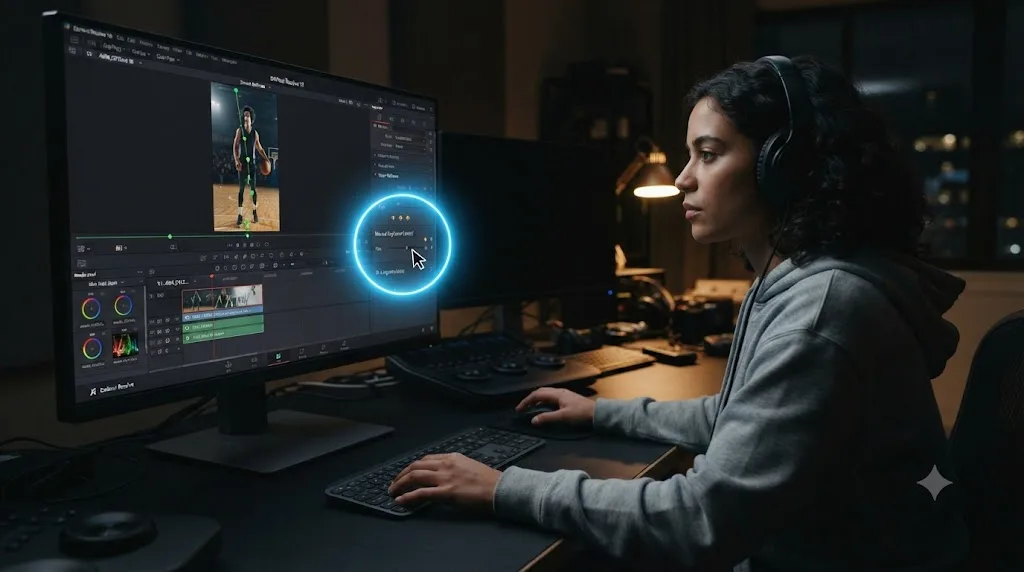 Illustration of an editor using an AI tutor to find a manual override control inside DaVinci Resolve's Smart Reframe panel
