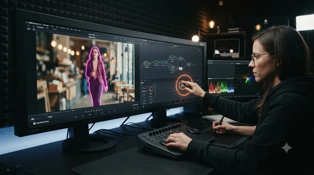 Illustration of DaVinci Resolve's Magic Mask overlay beside an AI tutor circling the Magic Mask palette icon