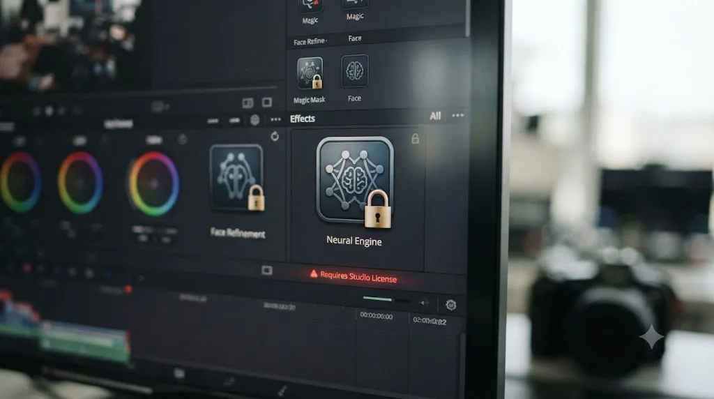 Illustration of a locked DaVinci Resolve Neural Engine tool icon that only unlocks with a genuine Studio license