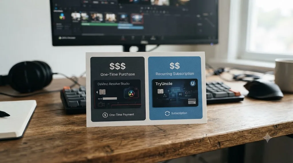 Illustration of a price comparison card showing a one-time DaVinci Resolve Studio purchase next to a recurring TryUncle subscription