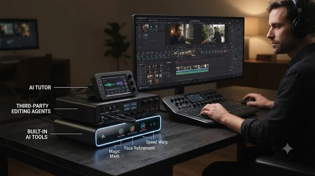 Illustration of three tiers of AI tools for DaVinci Resolve arranged as a labeled stack: built-in, third-party agents, and an AI tutor