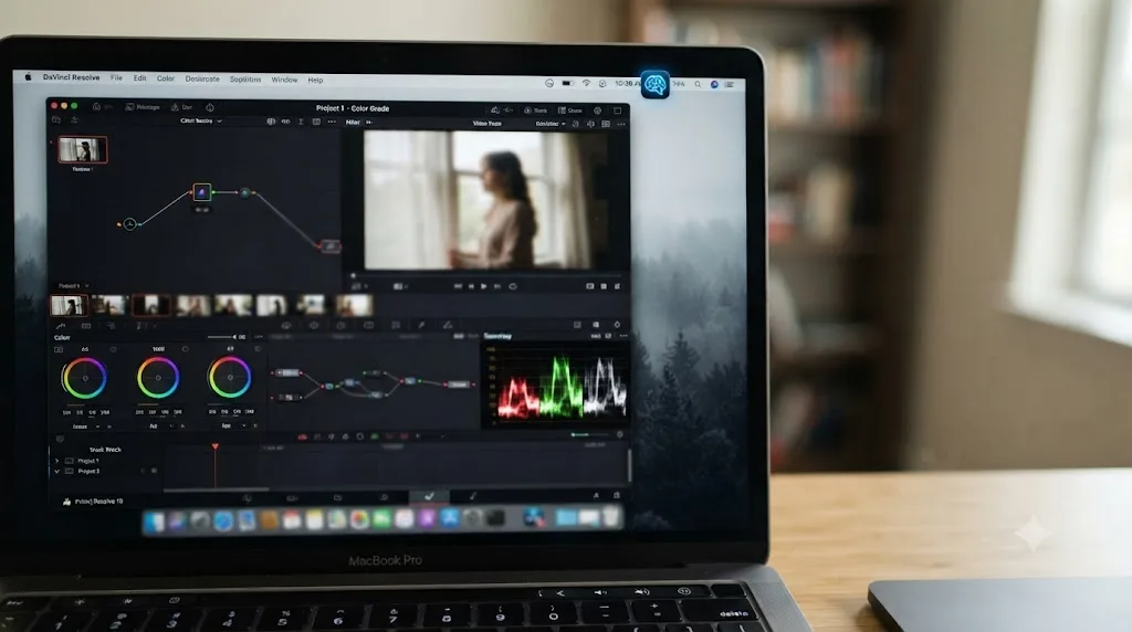 Illustration of an AI tutor app icon in the macOS menu bar next to a separate DaVinci Resolve application window