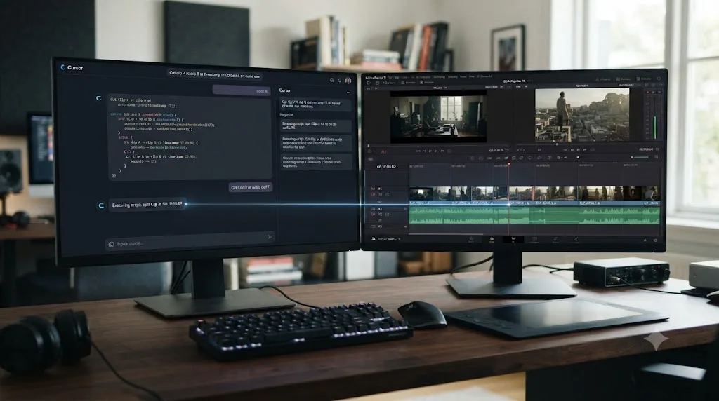 Illustration of an AI coding assistant chat panel connected to a DaVinci Resolve timeline through a scripting bridge