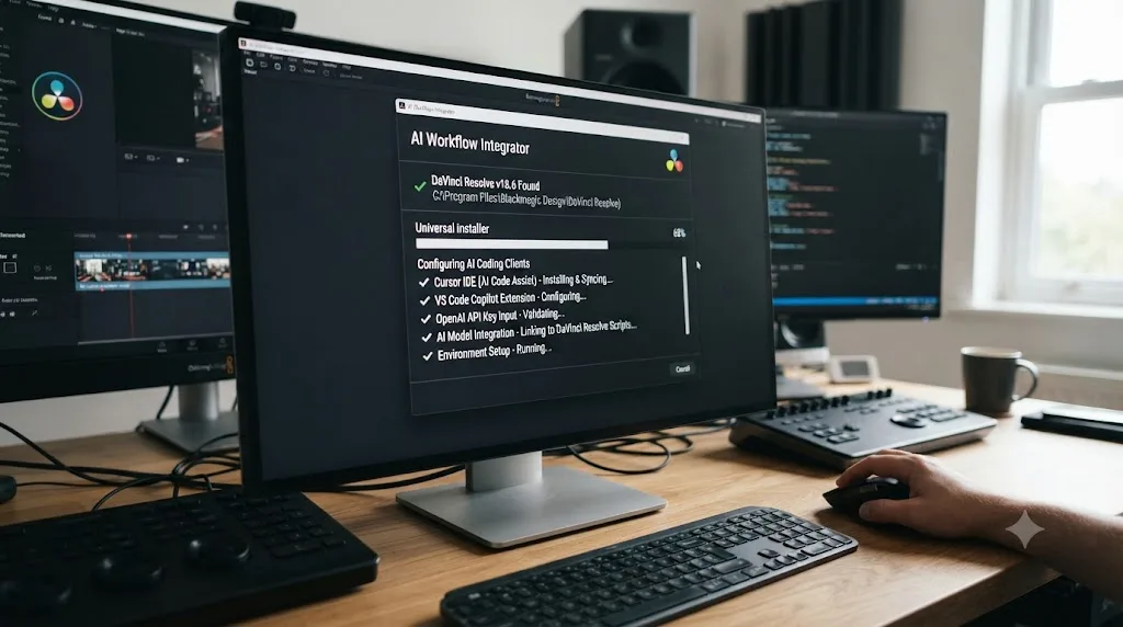 Illustration of an installer detecting a DaVinci Resolve installation and configuring several AI coding clients