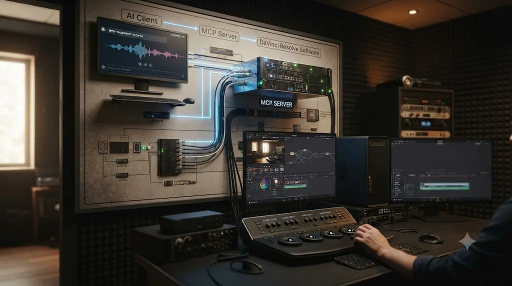 Illustration of a Model Context Protocol server translating AI requests into DaVinci Resolve scripting API calls