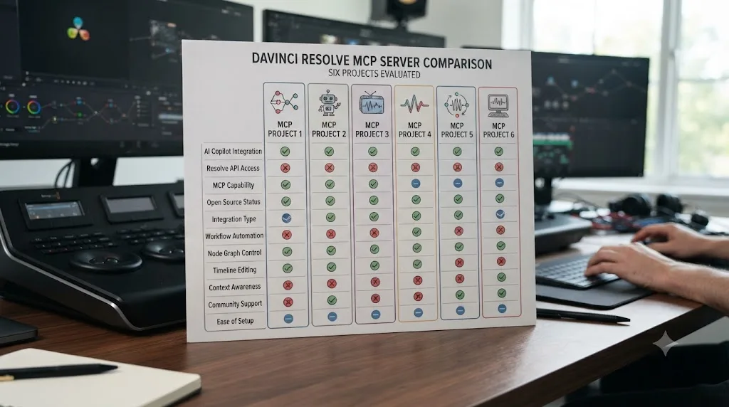 Illustration of a comparison chart listing six DaVinci Resolve MCP server projects side by side