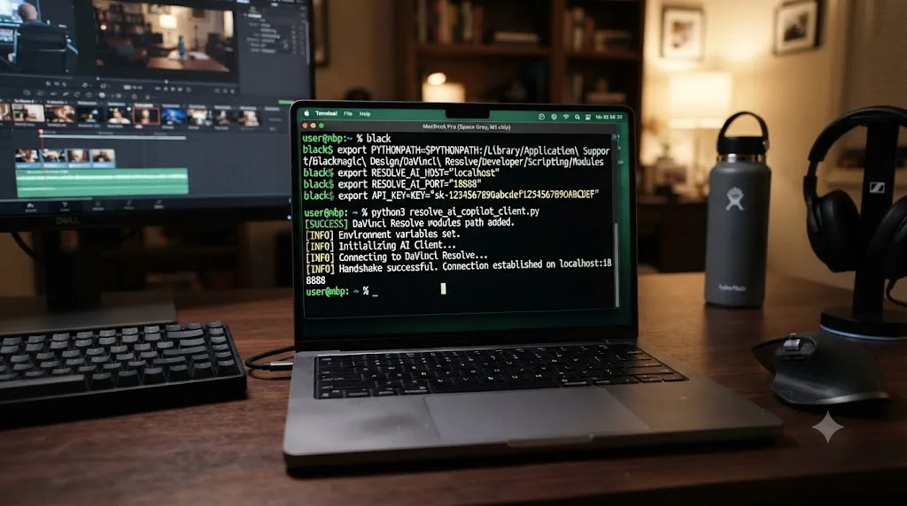 Illustration of a step-by-step terminal setup sequence configuring environment variables for an AI assistant to connect to DaVinci Resolve