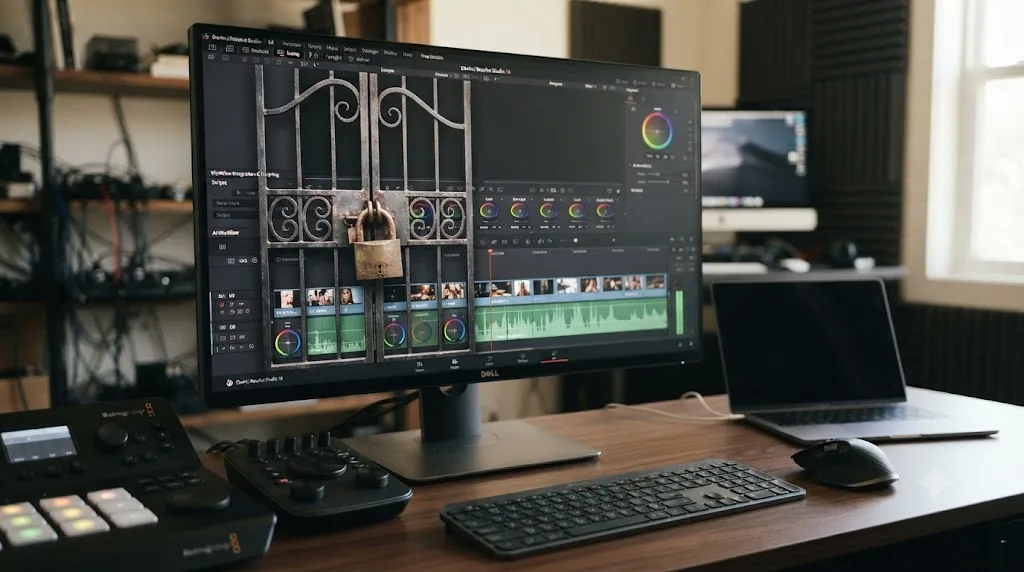 Illustration of a locked external scripting gate on DaVinci Resolve's free version, open on the Studio side