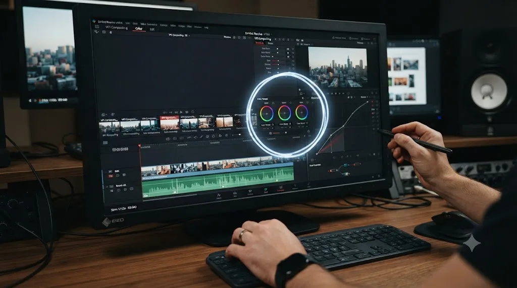 Illustration of an AI tutor overlay circling a control on a DaVinci Resolve screen to teach rather than control it directly