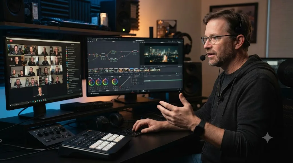 Illustration of an online DaVinci Resolve training conference with a live presenter and audience questions