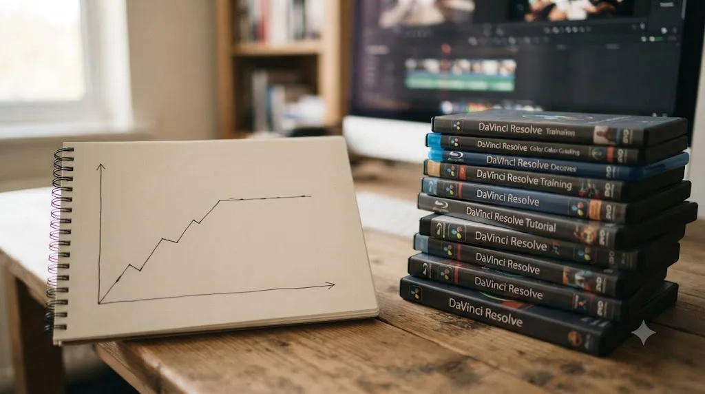 Illustration of a self-taught learning plateau next to a stack of unwatched DaVinci Resolve tutorial videos