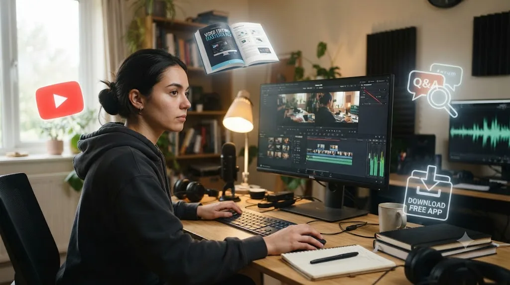 Illustration of a self-taught DaVinci Resolve learner surrounded by scattered free learning resources