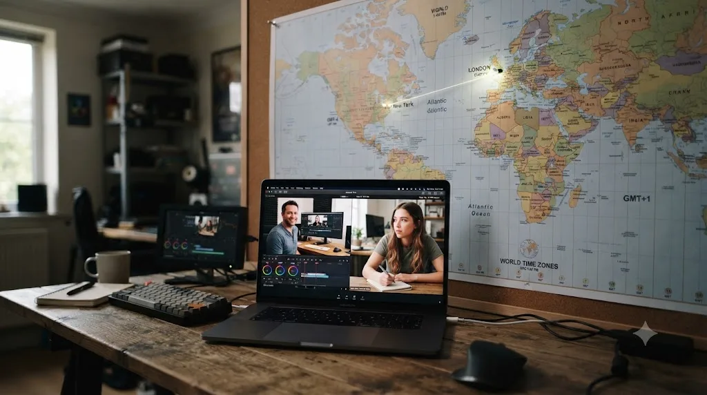 Illustration of a remote DaVinci Resolve training session bridging two time zones on a world map