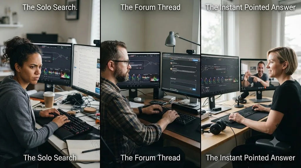 Illustration comparing three ways of resolving the same DaVinci Resolve stuck moment: solo search, forum post, and instant guidance