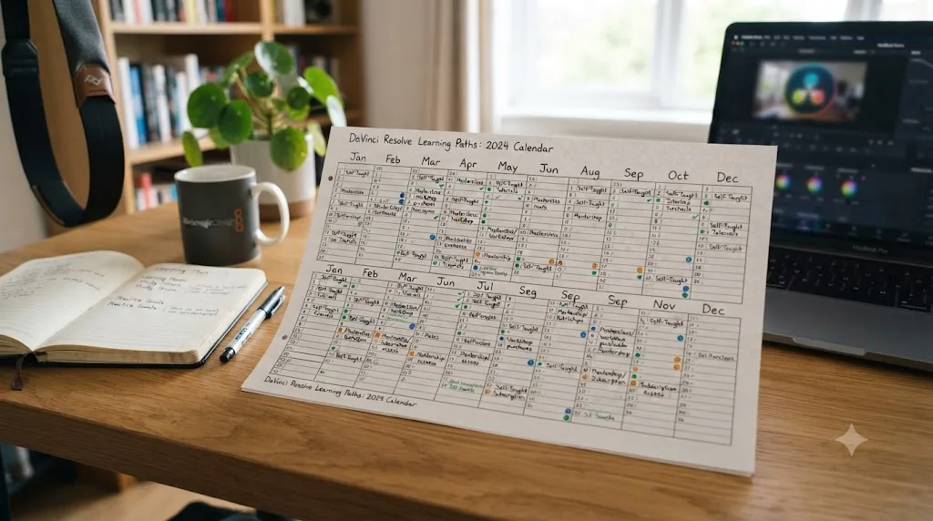Illustration of a year-long calendar comparing the cost of different DaVinci Resolve learning paths