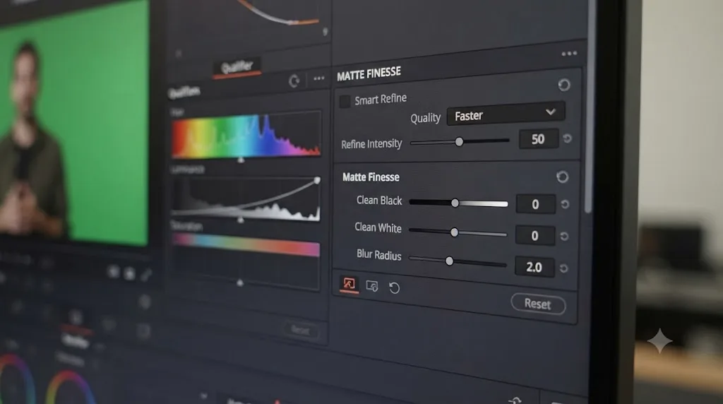 Illustration of the Matte Finesse control panel with mask refinement sliders in DaVinci Resolve