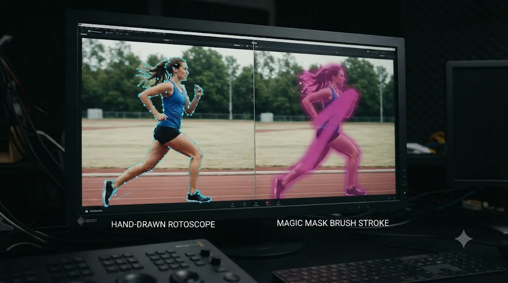 Illustration comparing a hand-drawn rotoscope outline to a single Magic Mask brush stroke