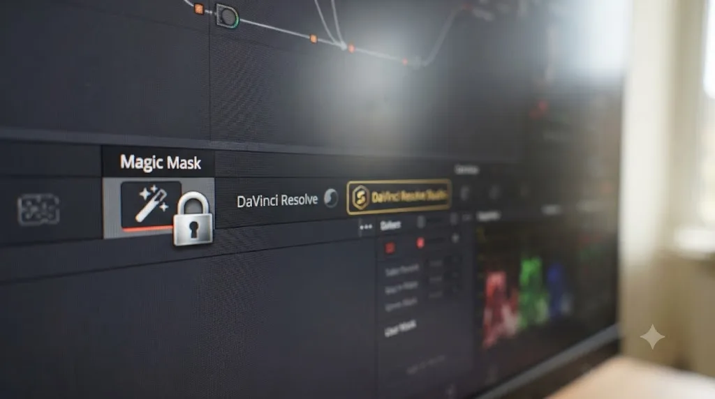Illustration of a locked Magic Mask tool icon next to DaVinci Resolve free and Studio version badges