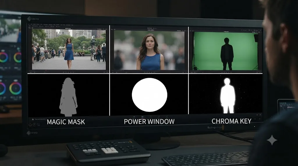 Illustration comparing Magic Mask, Power Window, and chroma key mask outputs side by side