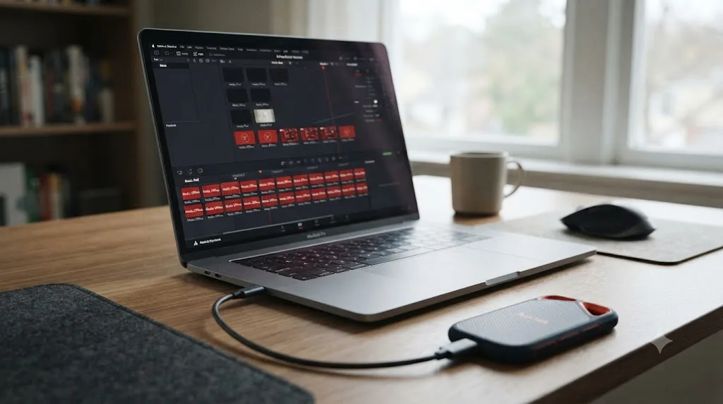 Illustration of an external drive disconnected from a laptop running DaVinci Resolve