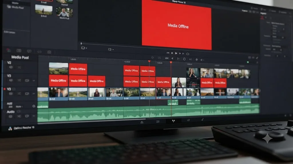 Illustration of clips marked offline on a DaVinci Resolve timeline
