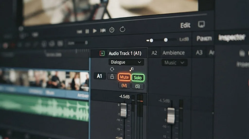 Illustration of Mute and Solo buttons on a DaVinci Resolve track header