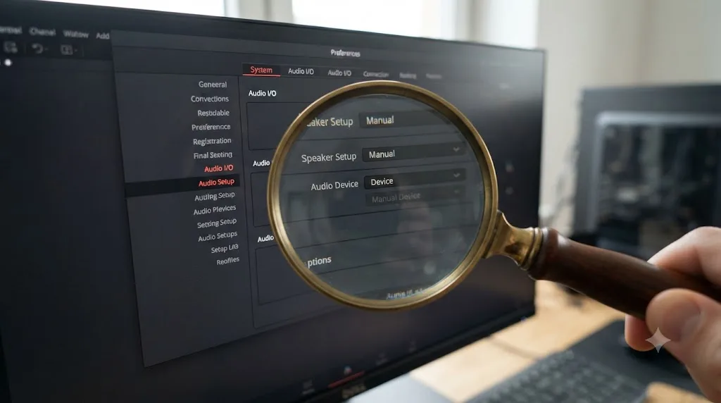 Illustration of a magnifying glass inspecting a DaVinci Resolve preferences menu
