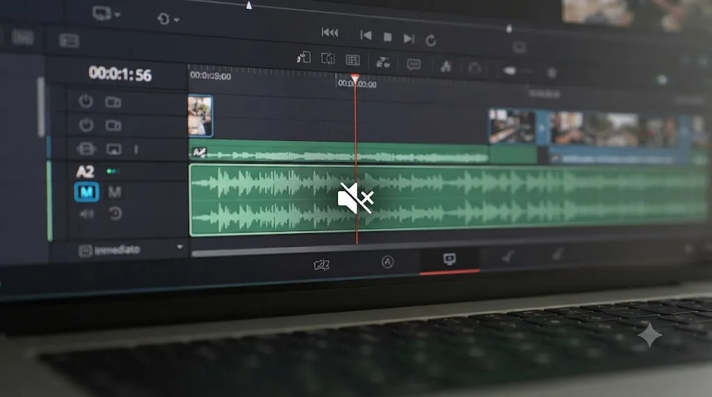 Illustration of a silent DaVinci Resolve timeline with a muted waveform