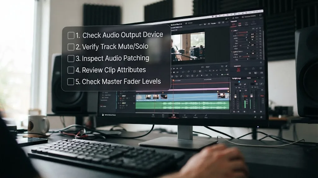 Illustration of a five step audio troubleshooting checklist over a DaVinci Resolve interface