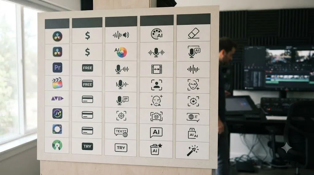 Illustration of a five-column comparison chart of AI editing tools for video editors across different platforms