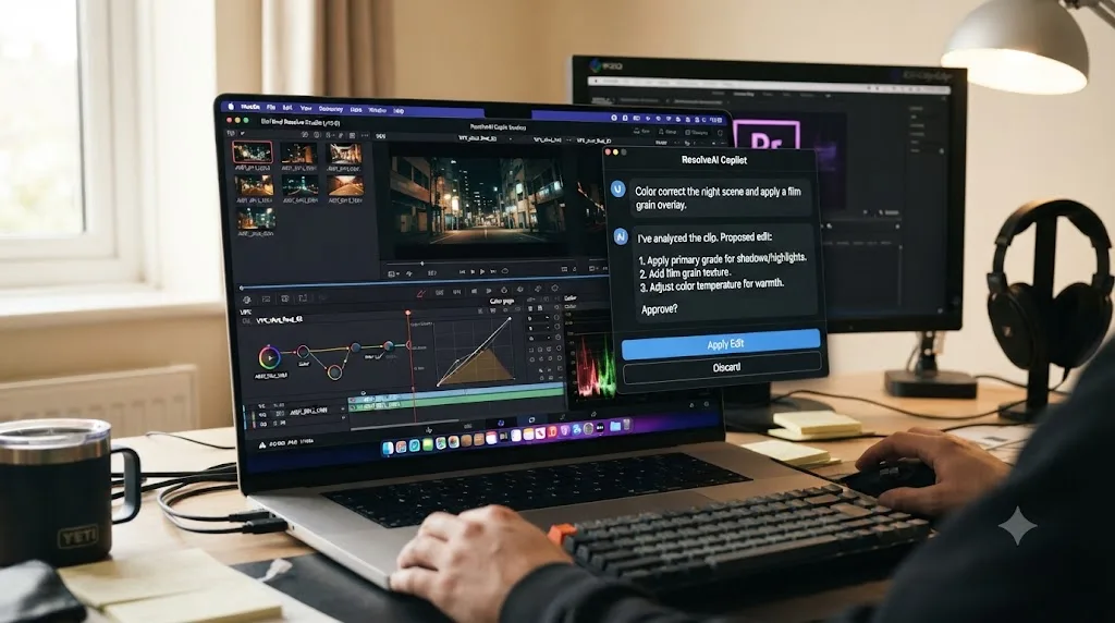 Illustration of a macOS AI agent app proposing a DaVinci Resolve edit for approval before applying it