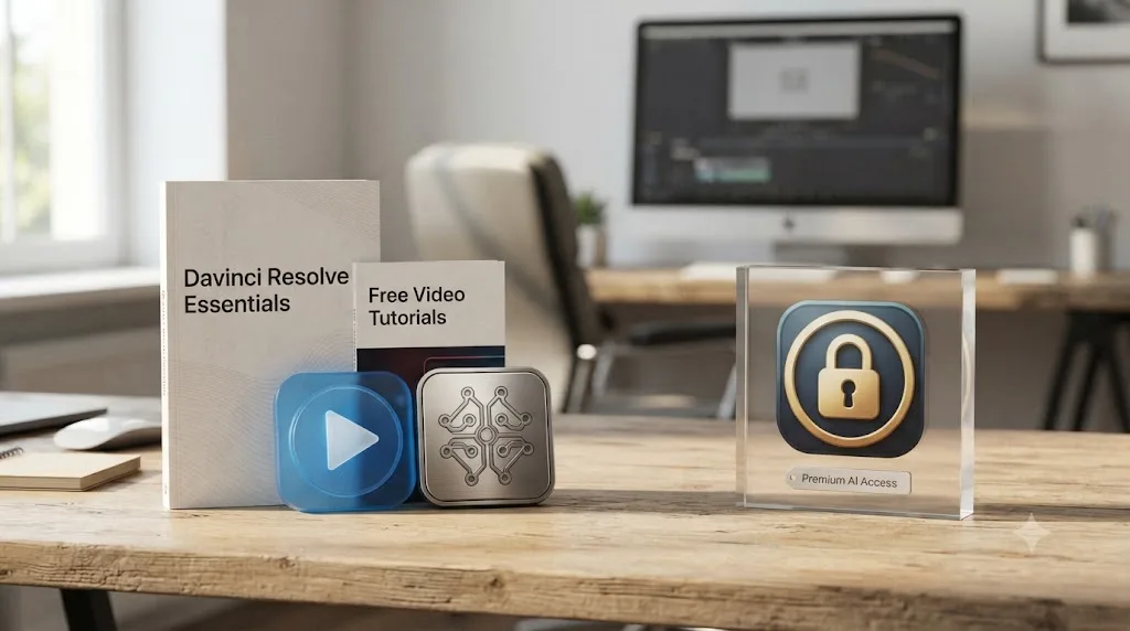Illustration of free DaVinci Resolve learning resources next to a locked paid AI subscription icon