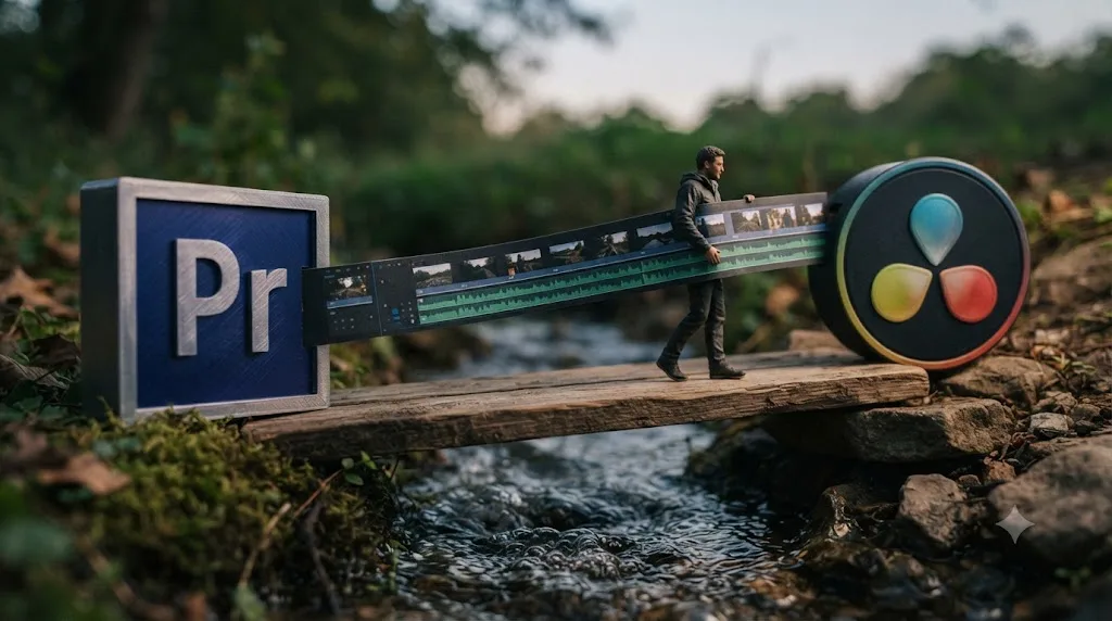 Illustration of a video timeline being carried across a bridge from Adobe Premiere Pro to DaVinci Resolve