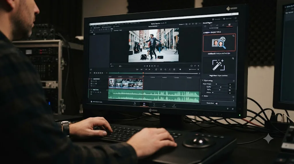 Illustration of DaVinci Resolve's built-in AI tools panel showing IntelliSearch and Magic Mask icons