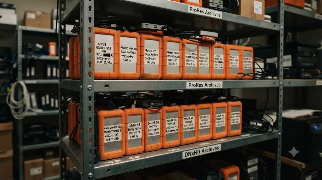 Illustration of an archive shelf with hard drives labeled ProRes and DNxHR for long-term storage