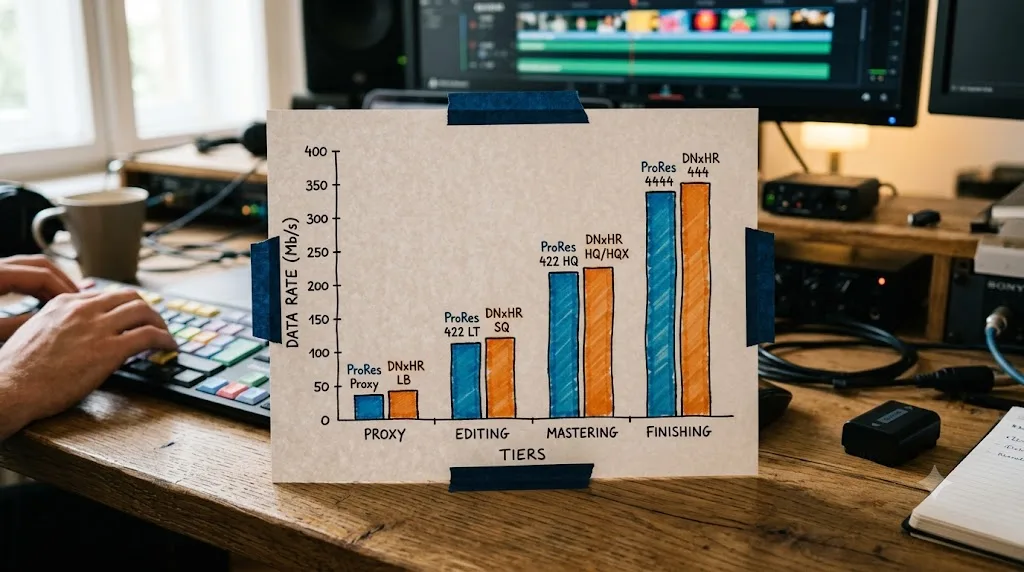 Illustration of a bar chart comparing ProRes and DNxHR data rates across codec quality tiers