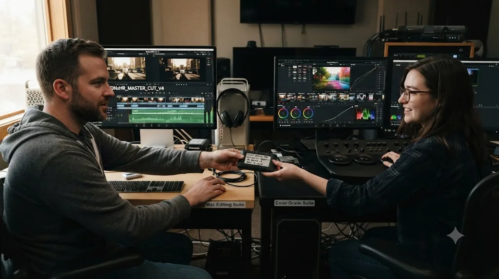 Illustration of a file handoff between a Mac editor and a Windows colorist using a single DNxHR master file