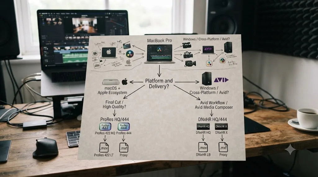 Illustration of a decision tree choosing between ProRes and DNxHR based on platform and delivery target
