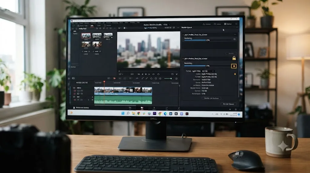Illustration of a DaVinci Resolve render queue exporting a ProRes file on a Windows desktop