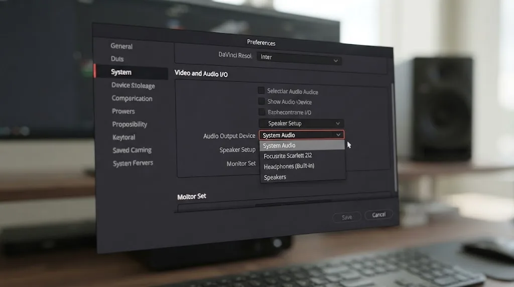 Illustration of the audio output device setting in DaVinci Resolve preferences
