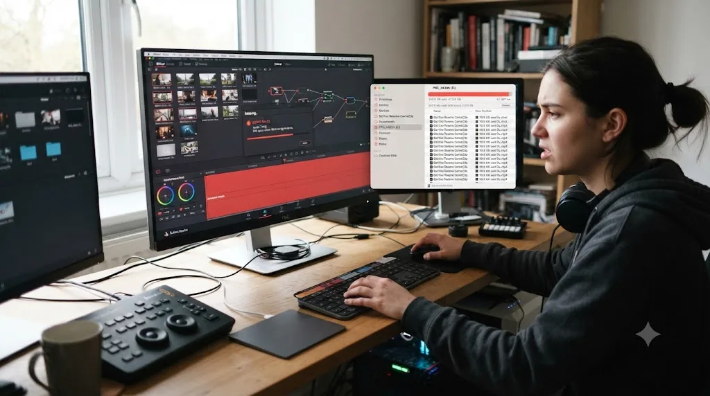 Illustration of DaVinci Resolve render cache files on a nearly full drive disrupting an export