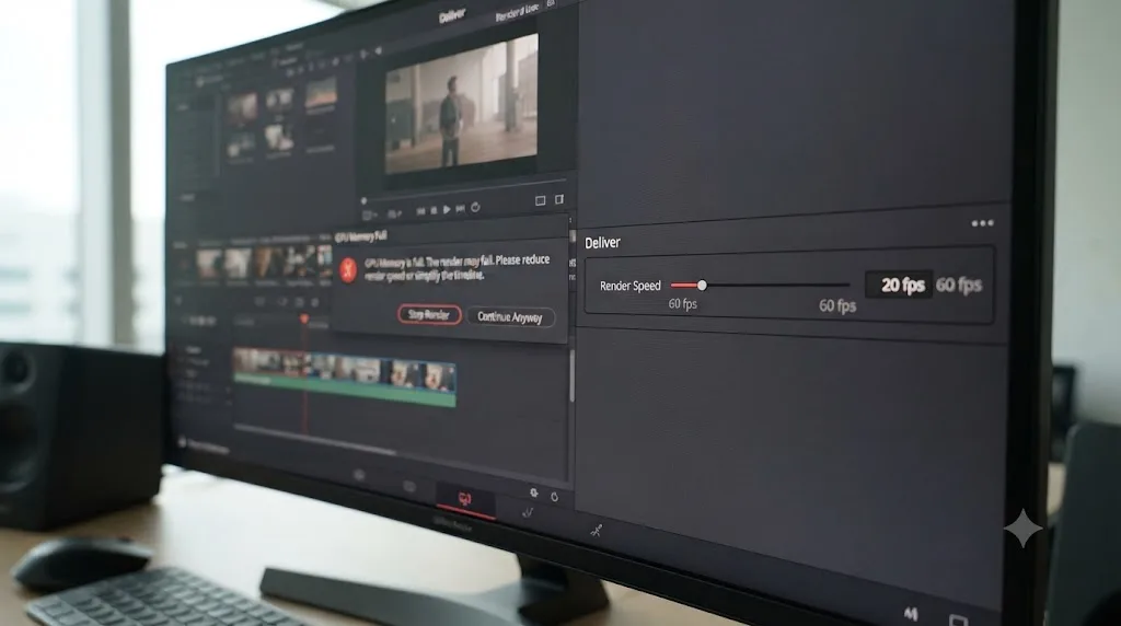 Illustration of a GPU memory full warning next to a lowered render speed slider in DaVinci Resolve