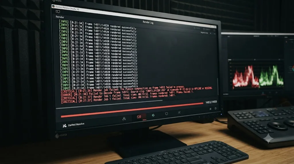 Illustration of a DaVinci Resolve render log flagging a missing frame near the end of a timeline