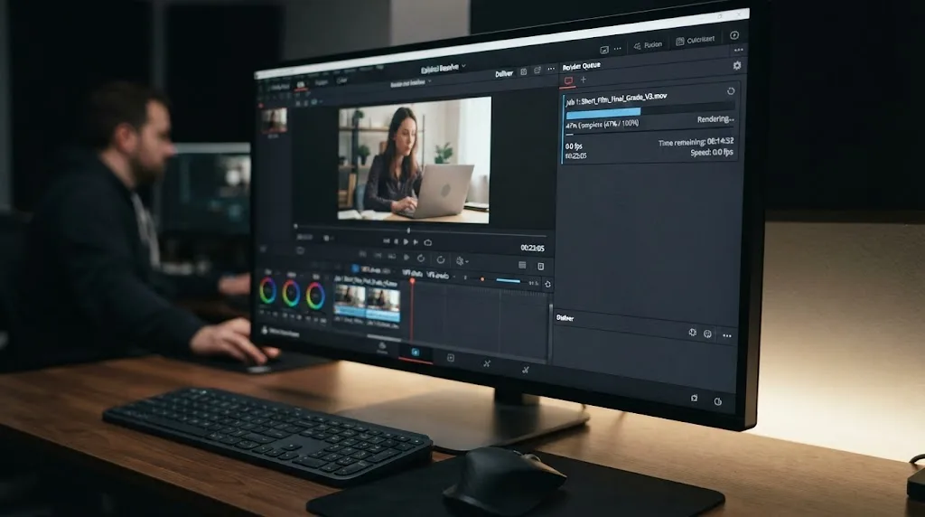 Illustration of a DaVinci Resolve render queue stuck mid progress on the Deliver page