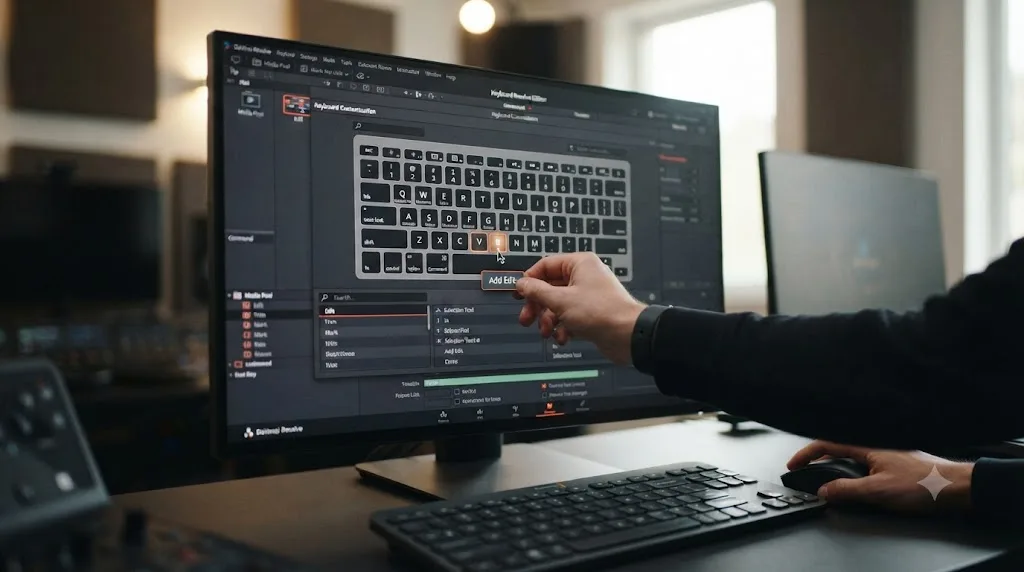 Illustration of remapping a shortcut in the DaVinci Resolve Keyboard Customization panel