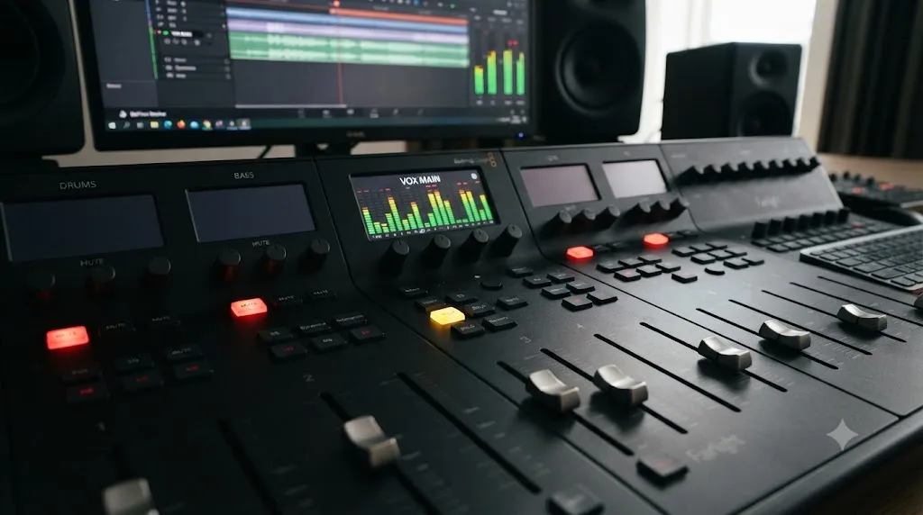 Illustration of a soloed audio track on the DaVinci Resolve Fairlight mixing console